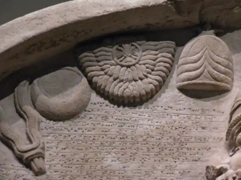 Ashur, Shamash, Sin, Adad and Ishtar symbols on the limestone stela of Ashurnasirpal II